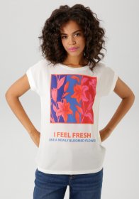 Aniston CASUAL Shirtbluse mit kunstvollen Blumendruck und Statement-Schriftzug