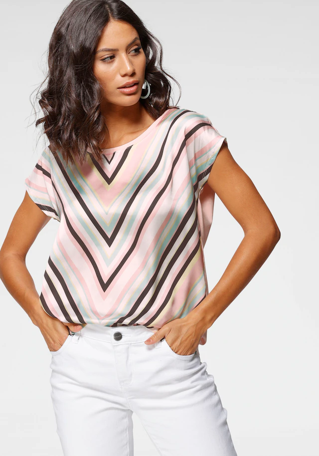 Laura Scott Shirtbluse gemustert und gestreift, femininer Stil, Rundhalsausschnitt
