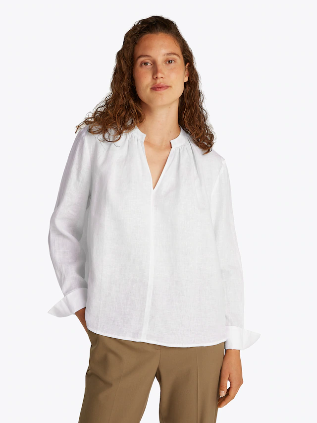Tommy Hilfiger Klassische Bluse »ESS LINEN V-NECK BLOUSE« mit Raffung ,kühlendes Premium Leinen