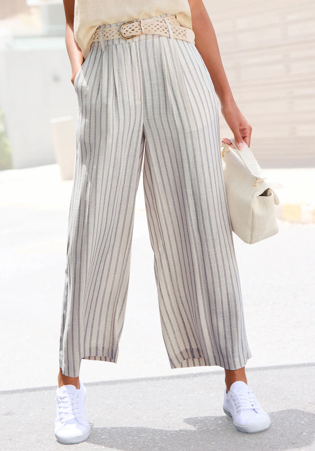 LASCANA Bundfaltenhose mit Taschen und Knopfdetail, weites Bein, Leinenhose, Sommerhose