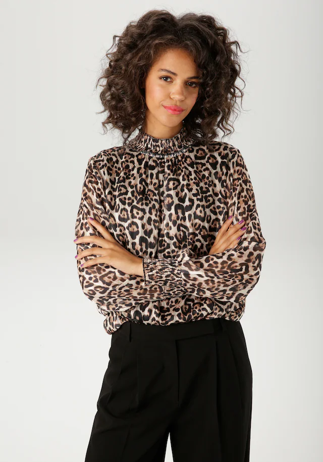 Aniston CASUAL Chiffonbluse im Leo-Druck mit goldfarbenen Glitzerstreifen