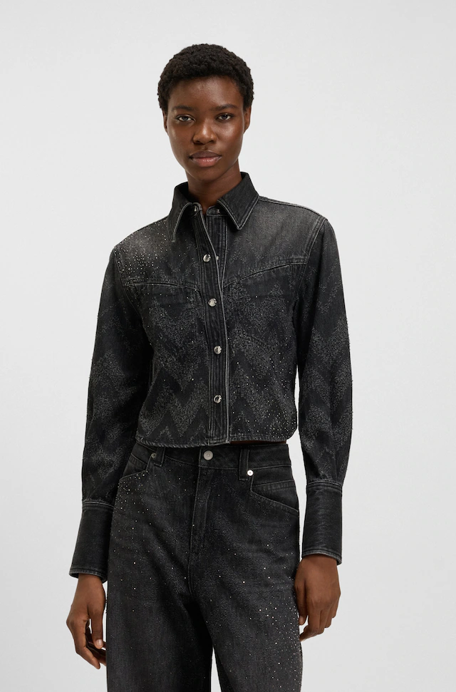 BOSS ORANGE Hemdbluse »SHIRT LS 1.0 Premium Damenmode« in verkürzter Länge, mit Lasertextur