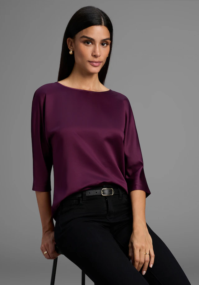 Laura Scott Satinbluse mit 3/4-Ärmeln, hüftlange Schnittform, mit Rundhalsausschnitt