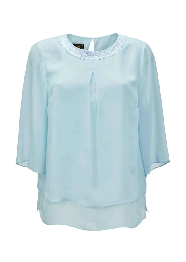 GOLDNER Kurzarmbluse »Kurzgröße Luftige Chiffonbluse mit Pailletten« Mit Pailletten und Perlen am Ausschnitt