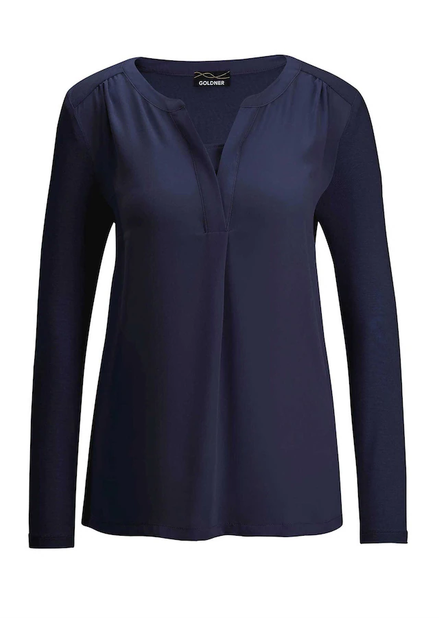 GOLDNER Kurzarmbluse »Kurzgröße Elegantes Chiffonshirt mit Jersey-Details« Schlitz