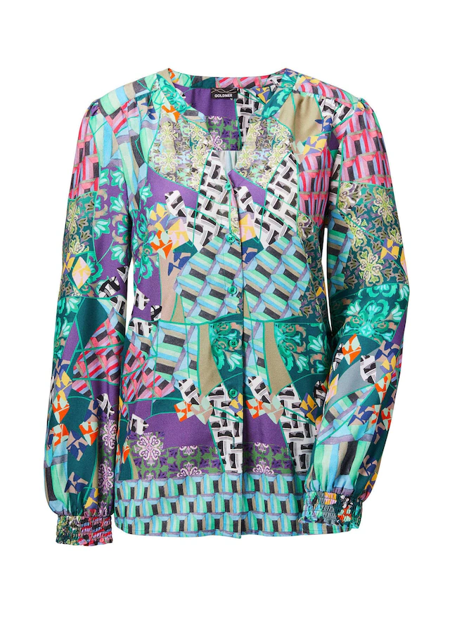 GOLDNER Klassische Bluse »Kurzgröße Patchworkbluse mit Rundhals, V-Schlitz« Patchmuster