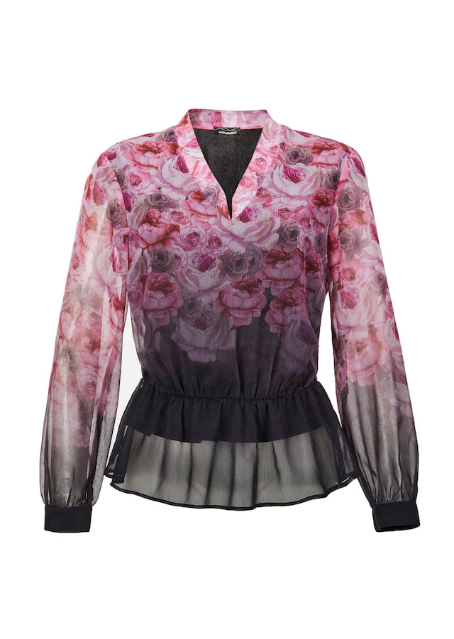 GOLDNER Satinbluse »Florale Printbluse mit V-Ausschnitt« Manschetten