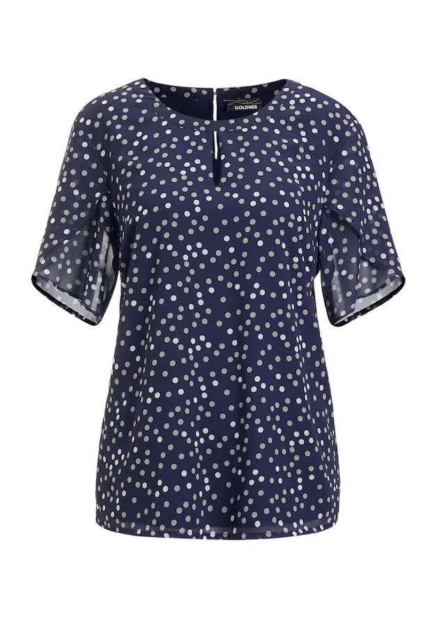 GOLDNER Kurzarmbluse »Kurzgröße Chiffonbluse Damen mit Tupfen-Alloverprint und Rundhalsausschnitt« Tupfen-Druck