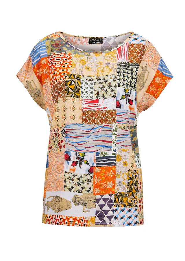 GOLDNER Schlupfbluse »Kurzgröße Luftige Viskosebluse mit Patch-Print« Patch-Print