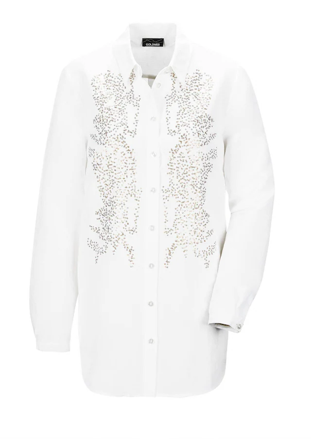 GOLDNER Hemdbluse »Weiße elegante Bluse aus Leinen« Paillettenstickerei