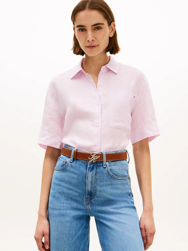 Tommy Hilfiger Kurzarmbluse »ESS LINEN SHORT SLEEVE SHIRT« mit aufgesetzter Brusttasche und Flag-Stickerei, reines Leinen