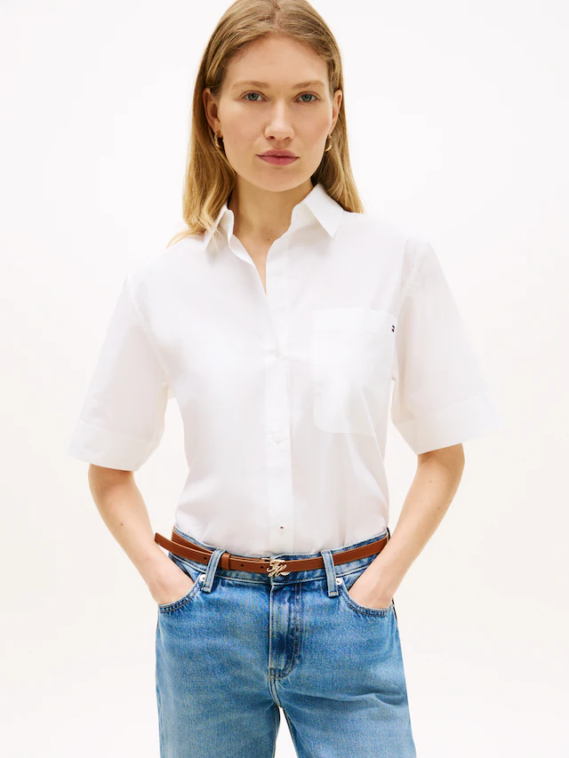 Tommy Hilfiger Kurzarmbluse »ESSENTIAL POPLIN SHORT SLEEVE SHIRTS« mit Hemdkragen, Flag Stickerei auf der Brust