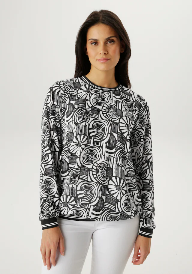 Aniston SELECTED Shirtbluse mit gestreiften Bündchen und Retro-Muster - NEUE KOLLEKTION
