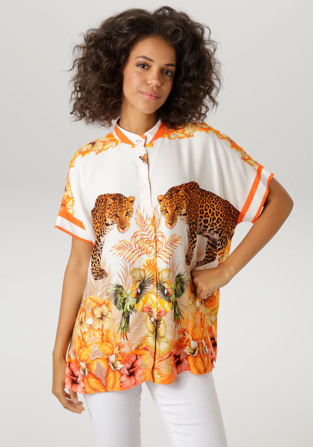 Aniston CASUAL Kurzarmbluse mit Leoparden, tropischen Vögeln, Blüten + Blättern