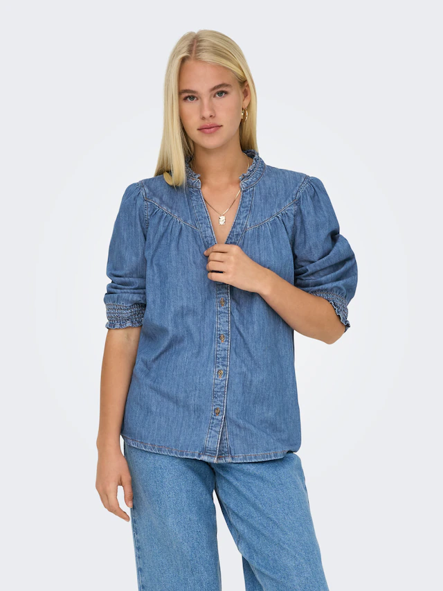 ONLY Jeansbluse »ONLRAYA 3/4 SHIRT DNM AKM NOOS« mit Rüschenkragen
