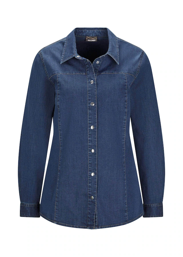 GOLDNER Hemdbluse »Kurzgröße Stilvolle Denim-Bluse mit Druckknöpfen« Knopfleiste