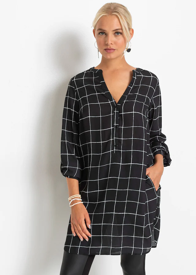 bonprix Longbluse gerade Passform, mit Umlegekragen, mit tiefem V-Ausschnitt