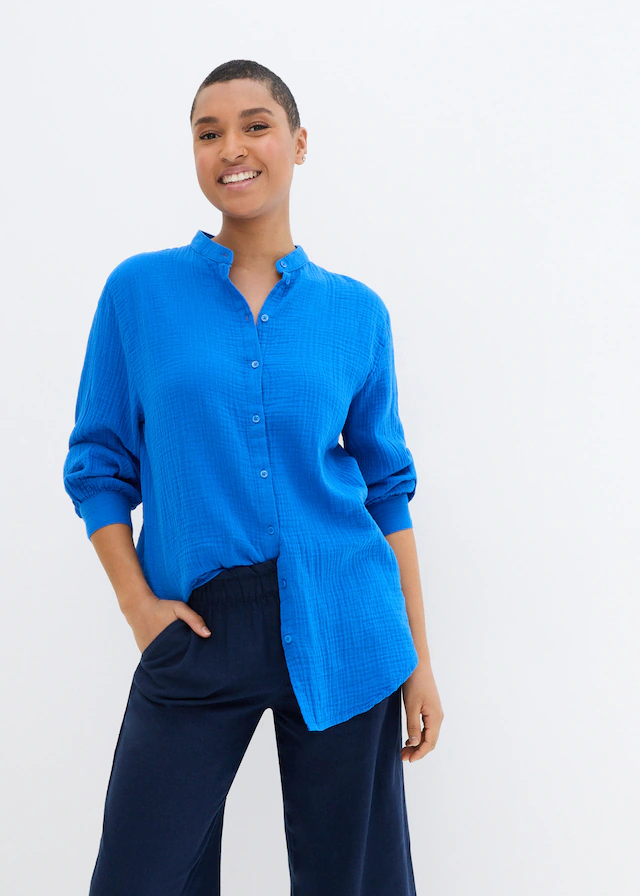 bonprix Langarmbluse »Musselin-Longbluse aus Baumwolle« Oversize-Passform, mit Seitenschlitzen, aus Musselin