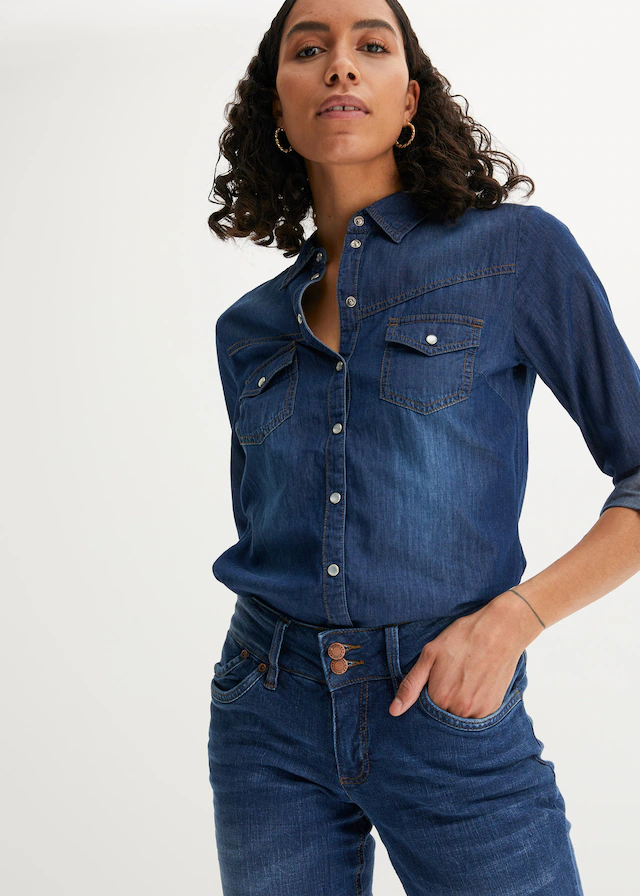 bonprix Jeansbluse schmale Passform, aus reiner Baumwolle, mit Druckknopfleiste