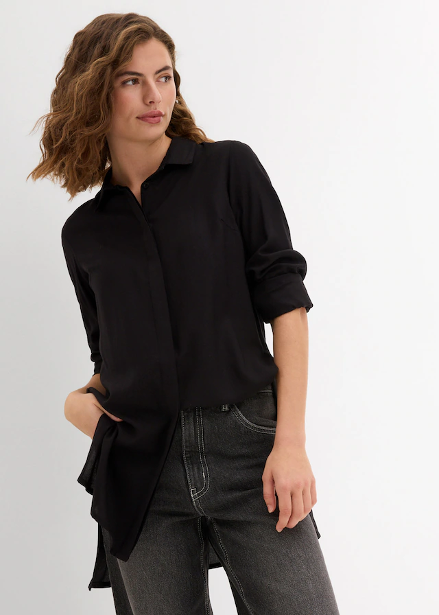 bonprix Longbluse »Longbluse mit Schlitz aus fließender Viskose« gerade Passform, mit hohen Seitenschlitzen, aus fließender Viskose
