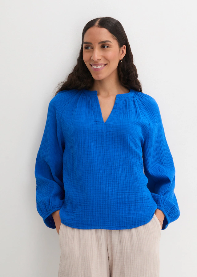 bonprix Shirtbluse »Oversize-Bluse aus Musselin« Oversize-Passform, mit V-Ausschnitt, aus Baumwolle, 3/4-Ärmeln