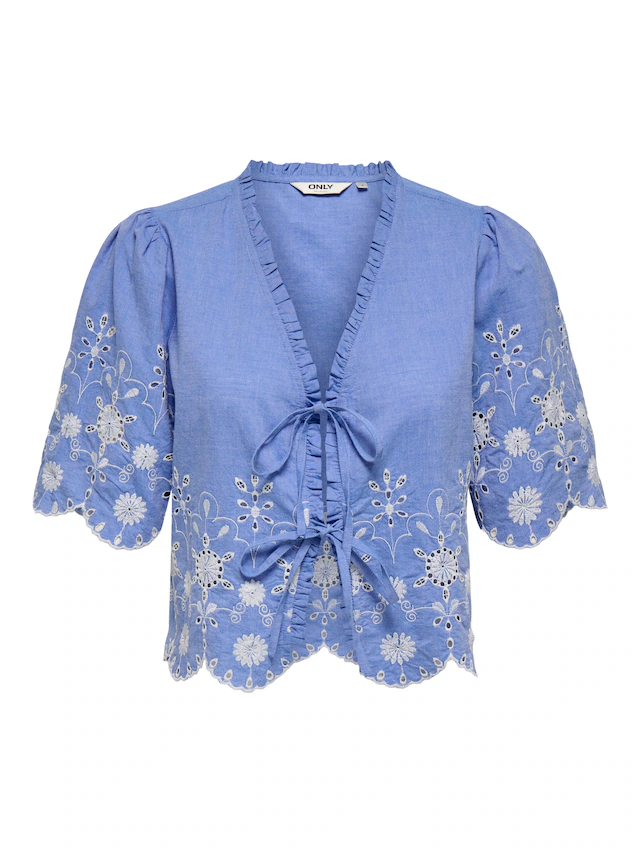 ONLY Kurzarmbluse »ONLMIFFY S/S EMB TIE TOP NOOS WVN« Baumwolle, regular fit, V-Ausschnitt