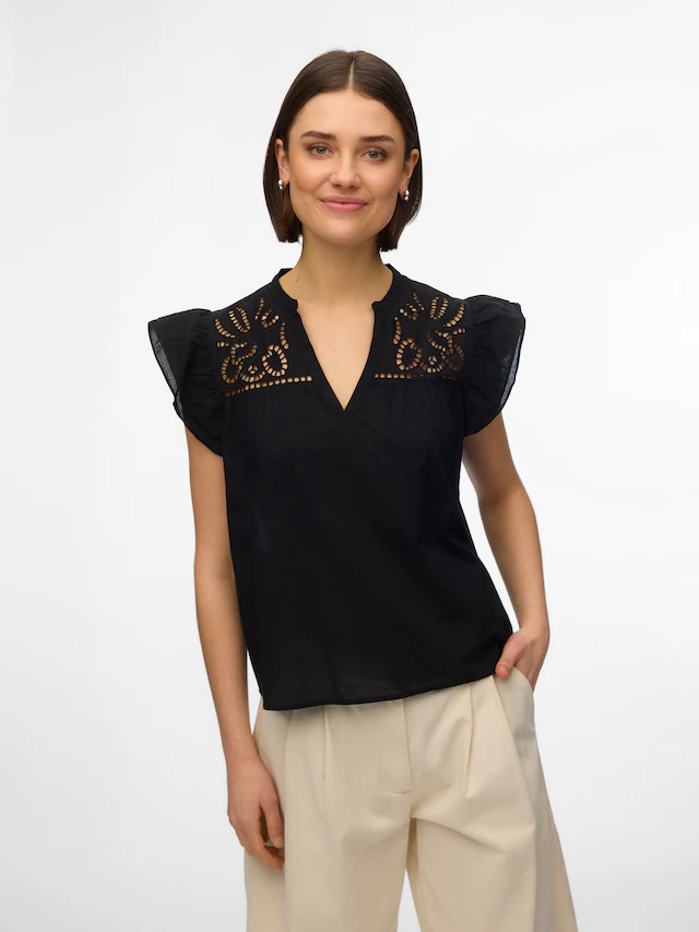 Vero Moda Kurzarmbluse »VMLINE SS V-NECK TOP WVN NOOS« Baumwolle, Lochstickerei
