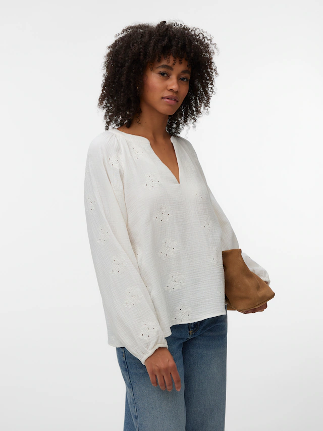 Vero Moda Langarmbluse »VMNATALI LS EMB TOP WVN NOOS« Baumwolle, Allover Ton-in Ton Stickerei