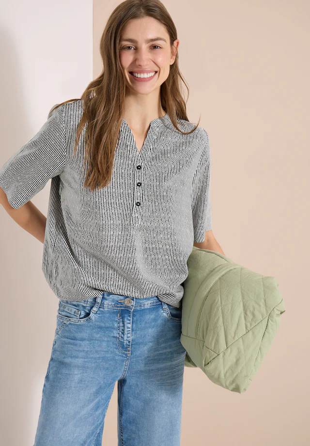Cecil Kurzarmbluse Sommerbluse mit Split Neck und Streifen