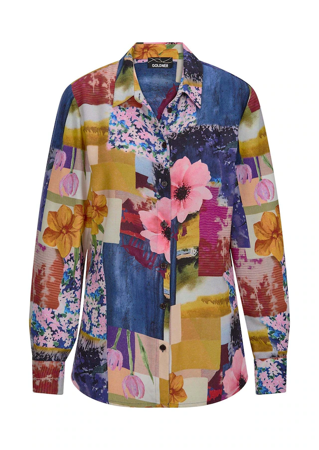 GOLDNER Hemdbluse »Viskosebluse mit Patchwork-Print« figurschmeichelder Schnitt