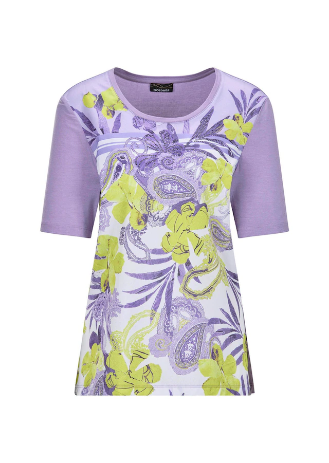GOLDNER Kurzarmbluse »Kurzgröße Glanzshirt mit floralem Paisley-Muster« Ton in Ton Ziersteinchen auf dem Print