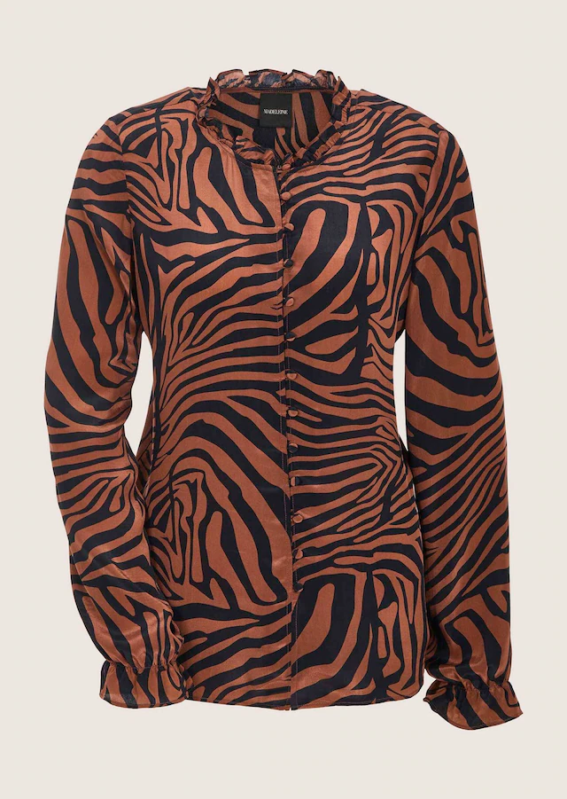 MADELEINE Langarmbluse »Chiffonbluse Viskosebluse mit Zebramuster« Bluse mit Rundhalsausschnitt und Rüschen