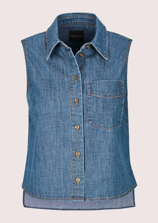 MADELEINE Hemdbluse »Jeansbluse Modernes Denimtop mit Hemdkragen« Bluse mit Brusttasche und Rücken länger als Vorderteil