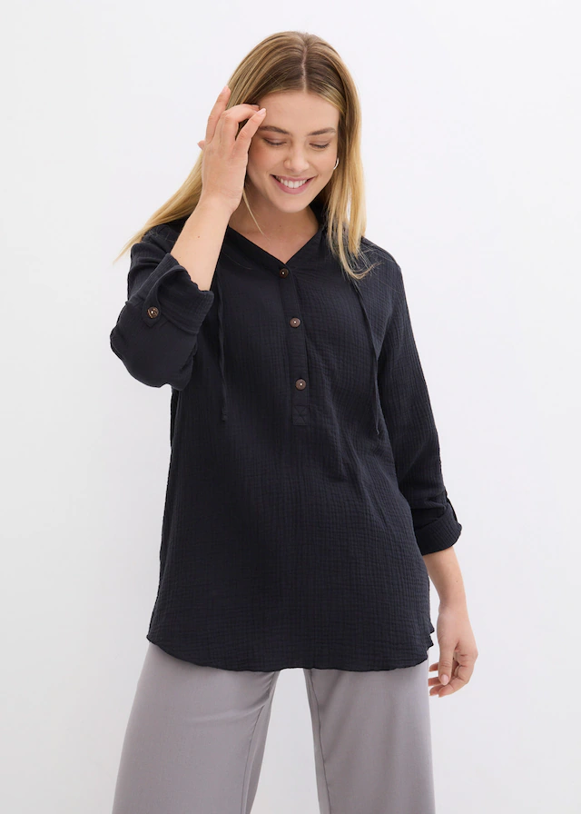 bonprix Schlupfbluse 1 Loose fit, für Frühling und Sommer, aus Baumwolle, Musselin-Tunika