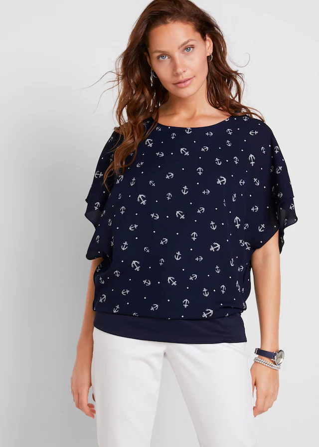 bonprix Shirtbluse lockere Passform, maritimer Allover-Print, angesetztes Taillenbündchen
