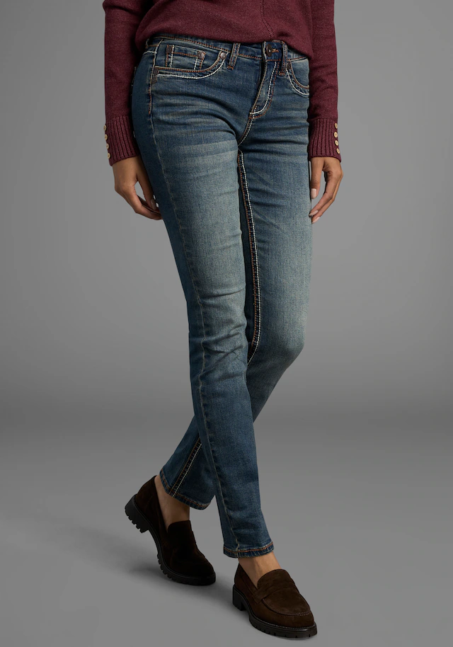Arizona Gerade Jeans »Kontrastnähte« niedrige Leibhöhe,in 5-Pocket-Form,Used-Look-Waschung