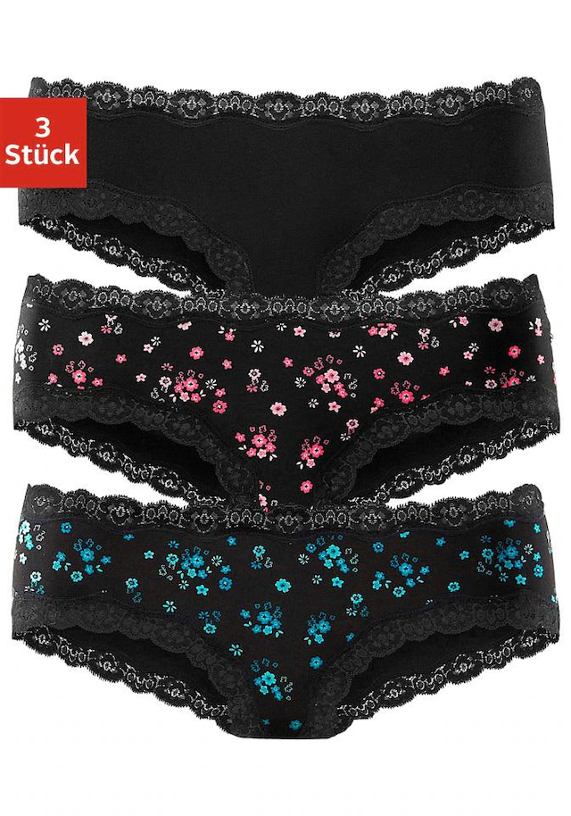 Buffalo Panty 3er-Pack,aus elastischer Baumwolle mit floraler Spitze