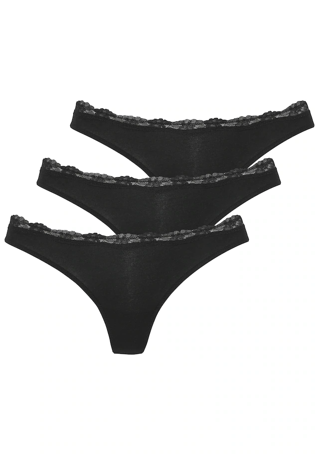 LASCANA String 3er-Pack,aus elastischer Baumwolle mit zarter Spitze
