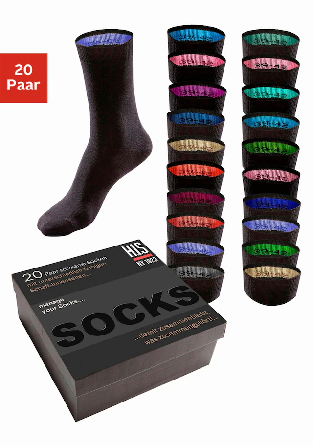 H.I.S Socken »für Damen und Herren, perfekt zu sortieren mit farbigem Innenbündchen.« Box, 20 Stk. tlg. in praktischer Geschenkbox, für Beruf und Freizeit