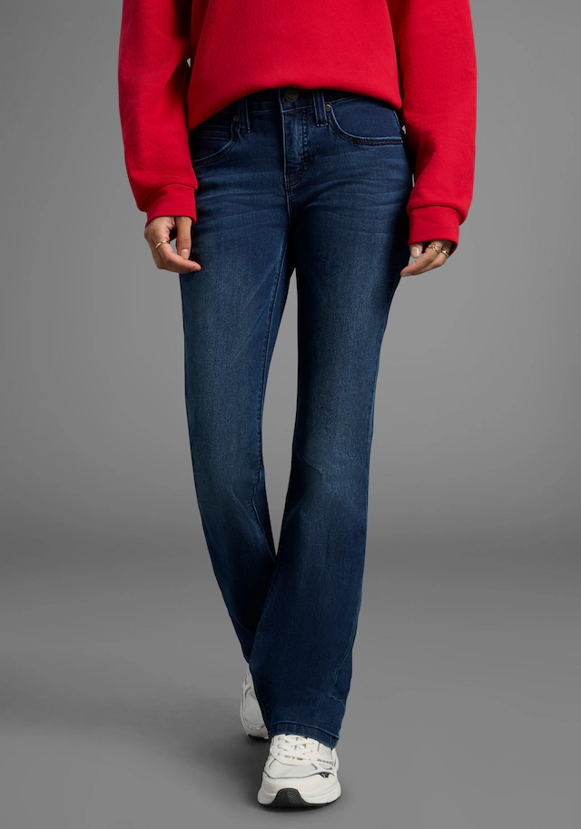 Arizona Bootcut-Jeans »Shaping« bootcut,Kontrastnähte,Used-Look-Waschung,niedrige Leibhöhe