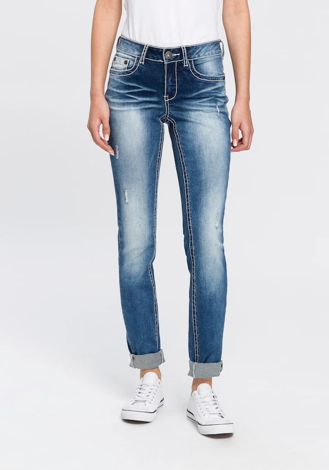 Arizona Skinny-fit-Jeans »mit Kontrastnähten und Pattentaschen« lange Beinform,mit Destroyed-Effekten,niedrige Leibhöhe