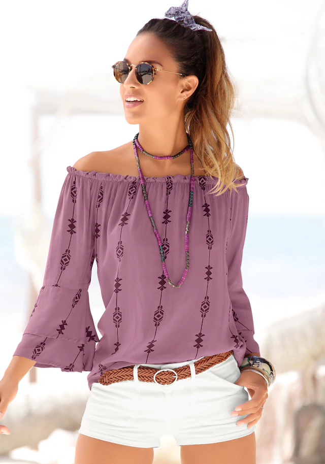 LASCANA Carmenbluse mit Ethnoprint, Damenbluse, schulterfrei, casual