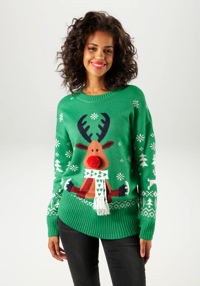 Aniston CASUAL Weihnachtspullover mit Bommel-Nase und Fransenschal