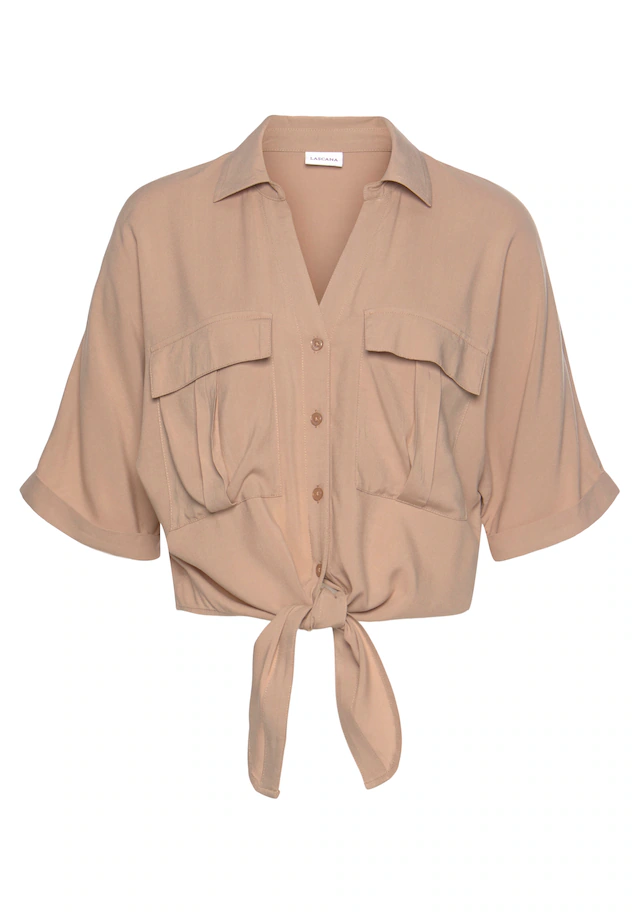 LASCANA Kurzarmbluse »mit Knotendetail und Knopfleiste« verkürzte Damenbluse, Bluse im Cargo-Stil, Bluse mit Bindedetail