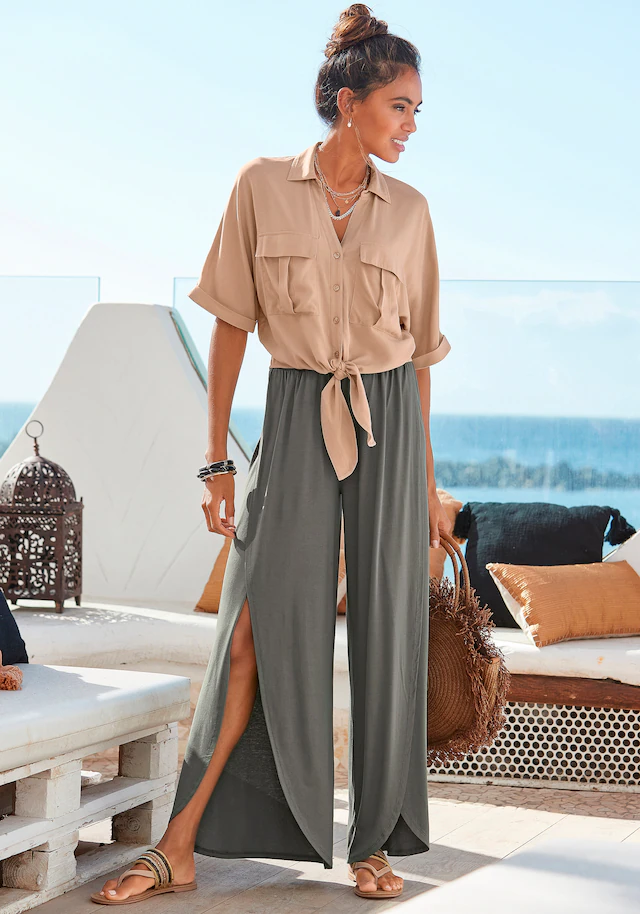 LASCANA Kurzarmbluse »mit Knotendetail und Knopfleiste« verkürzte Damenbluse, Bluse im Cargo-Stil, Bluse mit Bindedetail