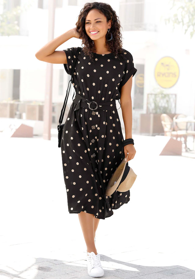 LASCANA Midikleid »mit Punktedruck und Taschen, Blusenkleid« Seitennahttaschen elegantes Sommerkleid aus Webware, Viskosekleid, Tupfenkleid, feminin