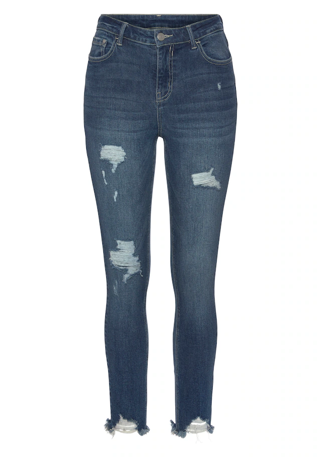 Buffalo Destroyed-Jeans »mit ausgefransten Saumabschlüssen aus bequemer Baumwollmischung« mit ausgefranstem Beinabschluss und Stretchanteil, schmale Passform