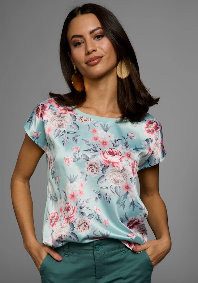 Laura Scott Shirtbluse »im Materialmix mit Satin, verschiedene Muster für jeden Geschmack,« femininer Stil, Rundhalsausschnitt, lockere Passform