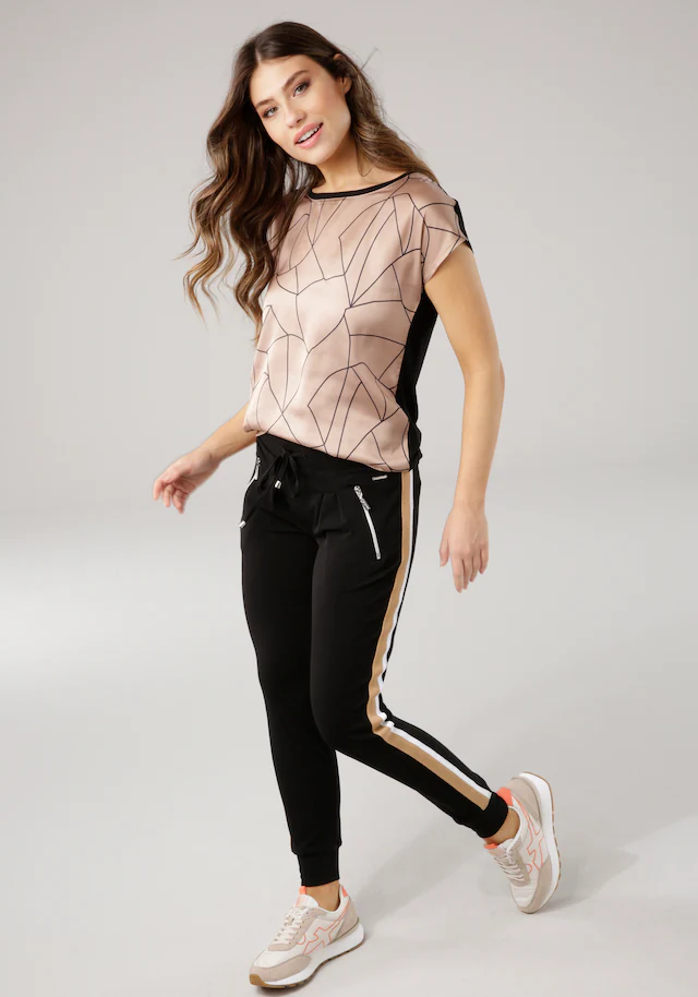 Laura Scott Shirtbluse »im Materialmix mit Satin, verschiedene Muster für jeden Geschmack,« femininer Stil, Rundhalsausschnitt, lockere Passform