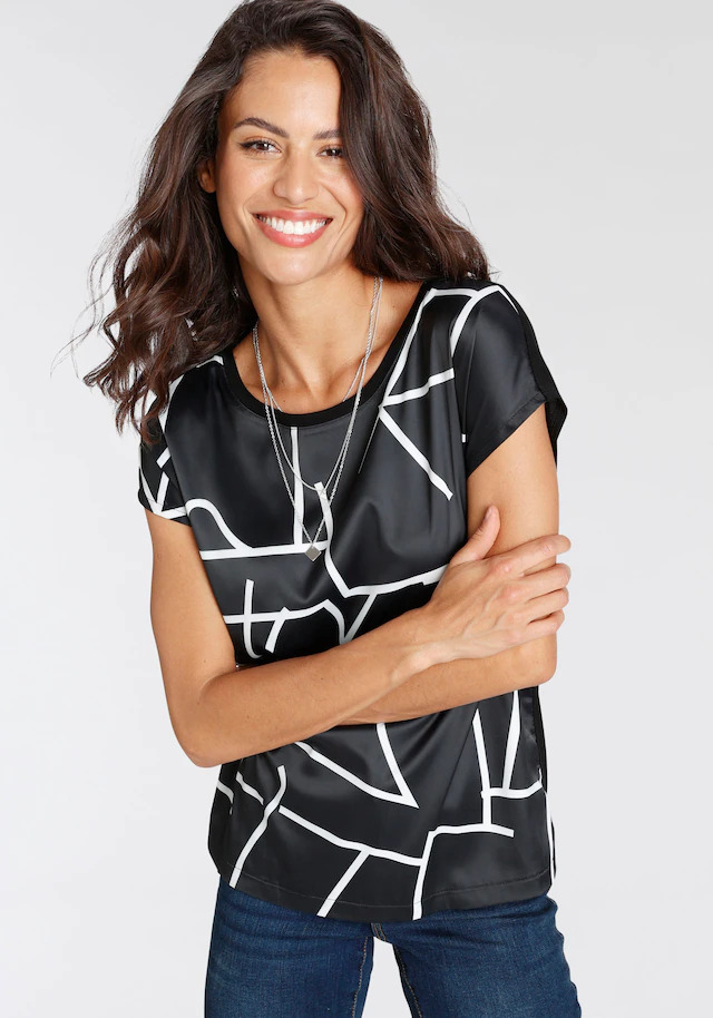 Laura Scott Shirtbluse »im Materialmix mit Satin, verschiedene Muster für jeden Geschmack,« femininer Stil, Rundhalsausschnitt, lockere Passform